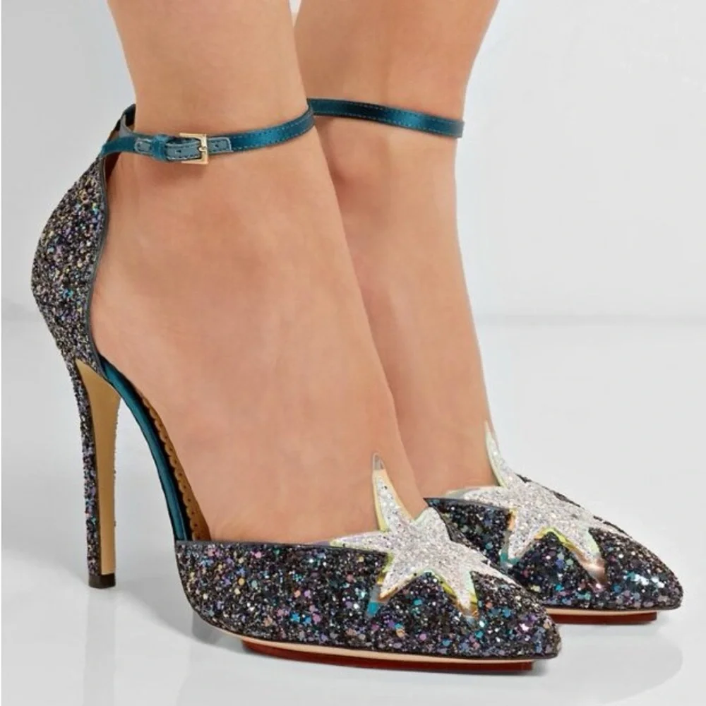 Charlotte Olympia Twilight Princess Glitter Star Ankle Strap Pointed Toe Heels - Picture 1 of 16